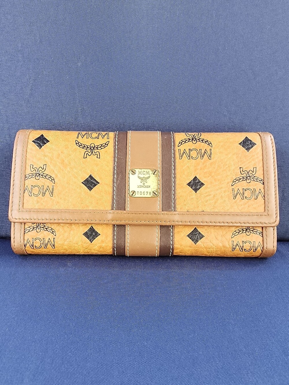 MCM Cognac Visetos Continental Wallet with Brown Center Stripe
